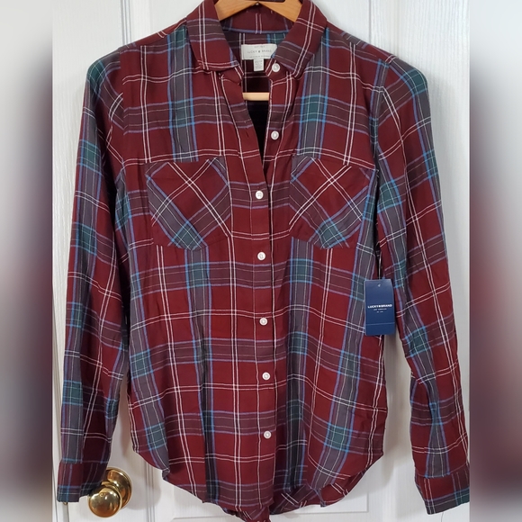 Lucky Brand NWT women's burgendy & greens plaid long sleeve button shirt sz XS - Picture 5 of 14